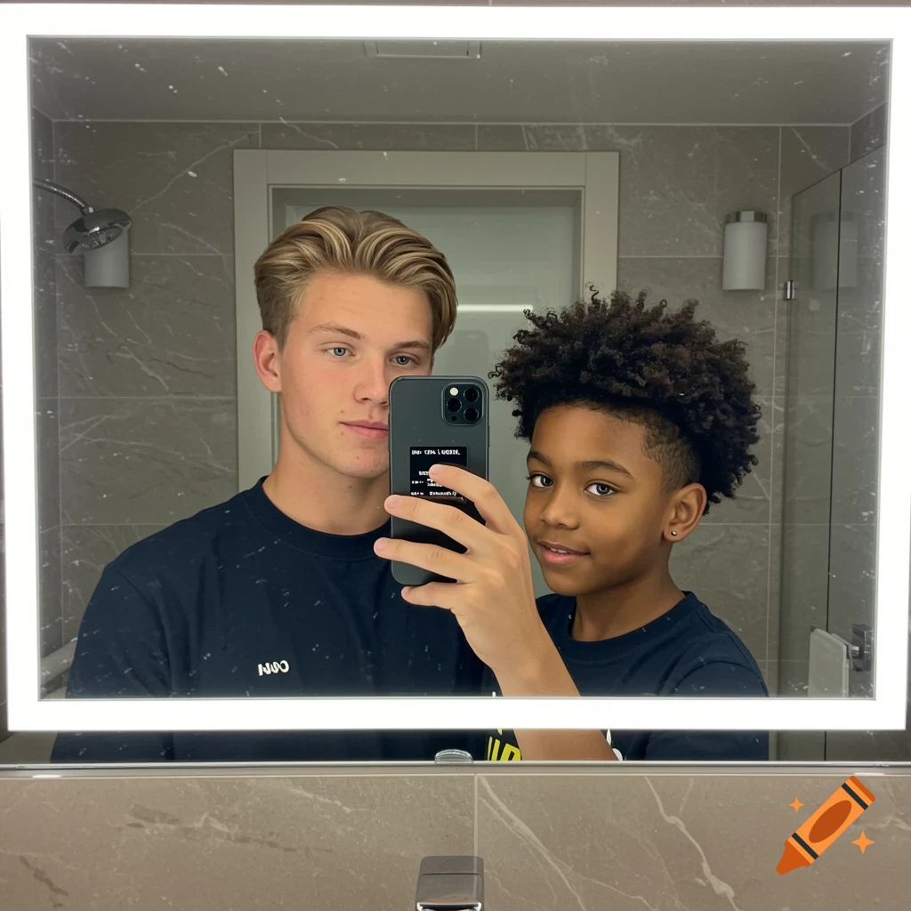 A mirror selfie showing a young man with blonde hair holding an iPhone, and a young boy with dark curly hair looking at the camera.