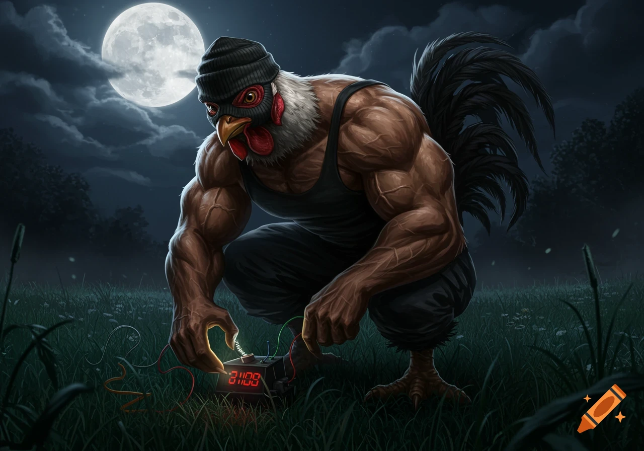 A musclebound chicken in a balaclava crouches in a moonlit field, wiring a bomb with a digital timer. Detailed digital painting.