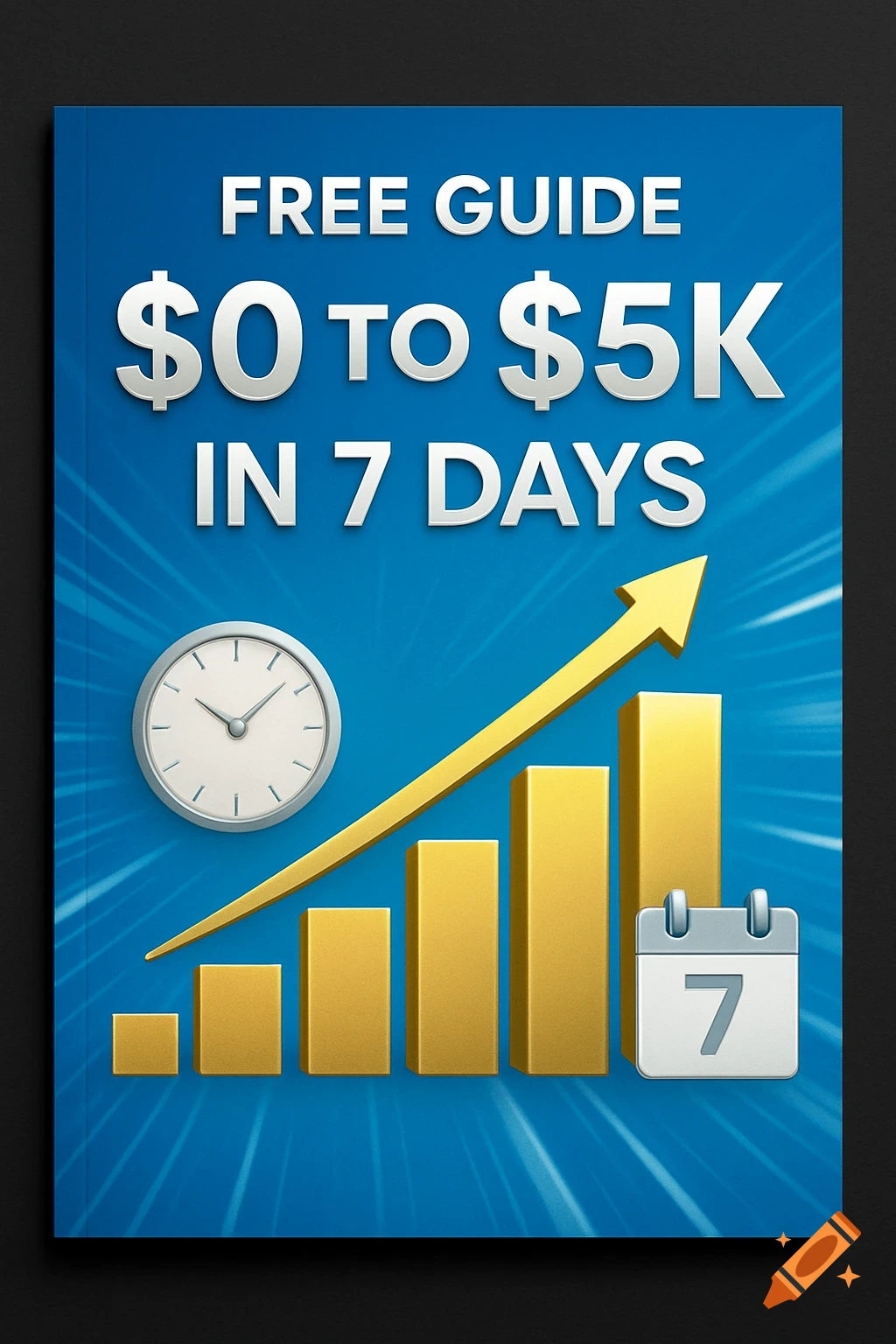 A blue digital product cover with the text "FREE GUIDE $0 TO $5K IN 7 DAYS". It features a clock, a gold upward trending bar graph with an arrow, and a calendar showing the number 7.