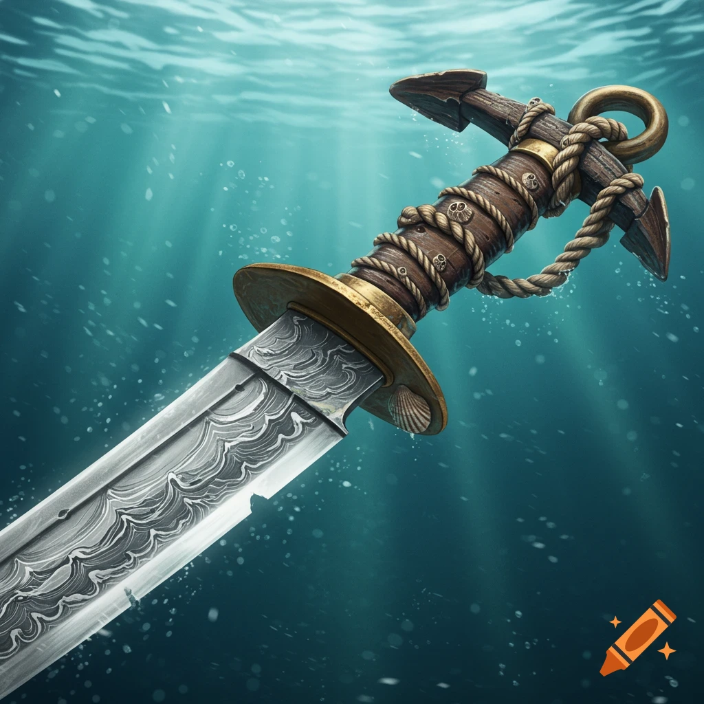 A detailed fantasy cutlass with an anchor-shaped handle, rope accents, and a Damascus steel blade, submerged in clear blue water with light rays filtering through.