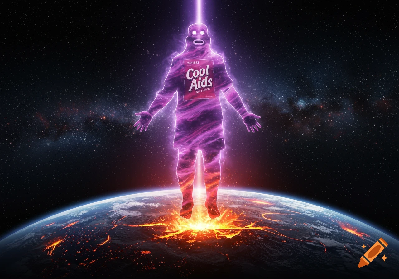 A glowing purple humanoid figure with a 'Cool Aids' label on its chest hovers above a burning Earth, emitting a light beam into space.