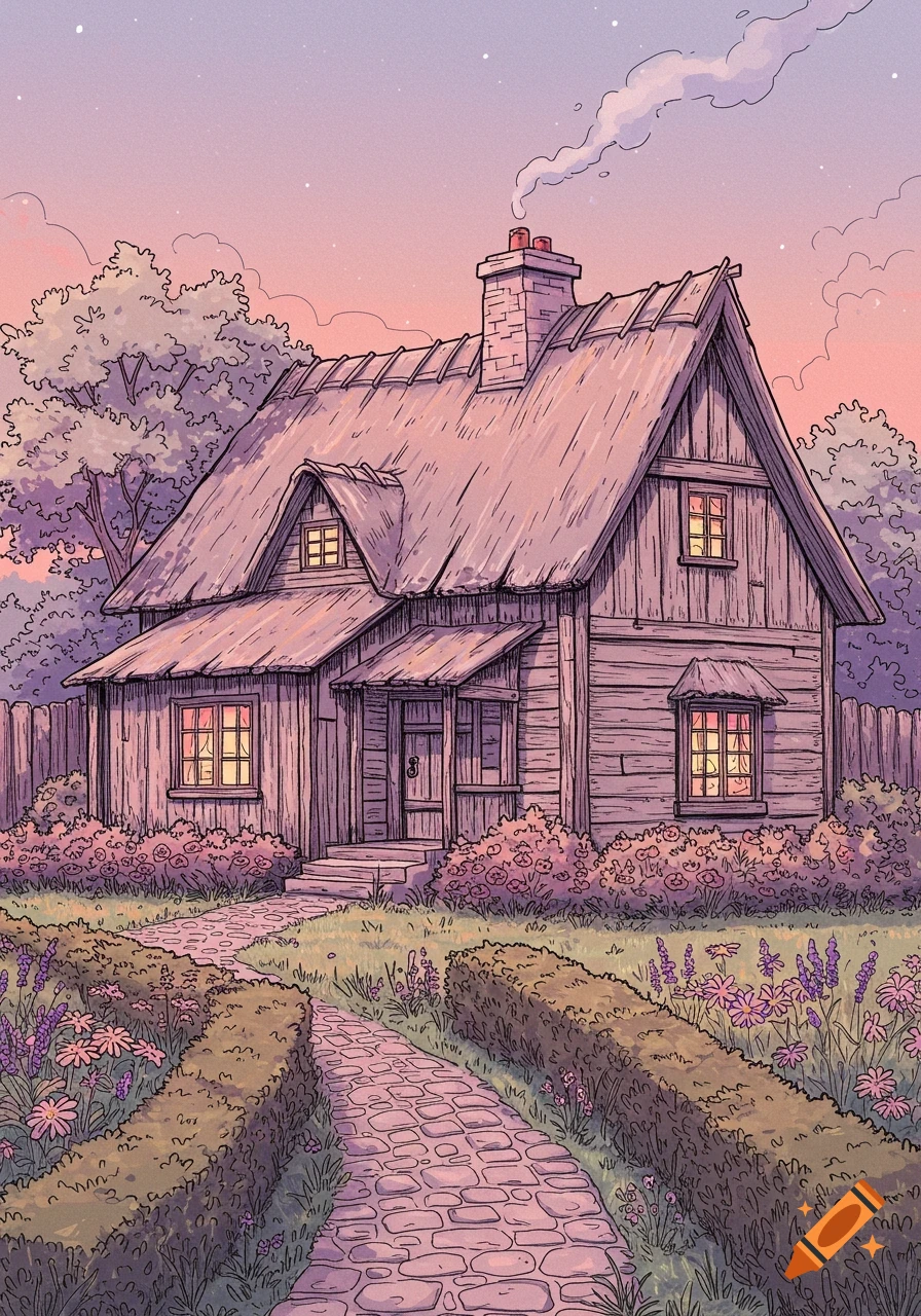 Illustrated rustic cottage with a thatched roof, glowing windows, and a stone path through a garden at sunset.