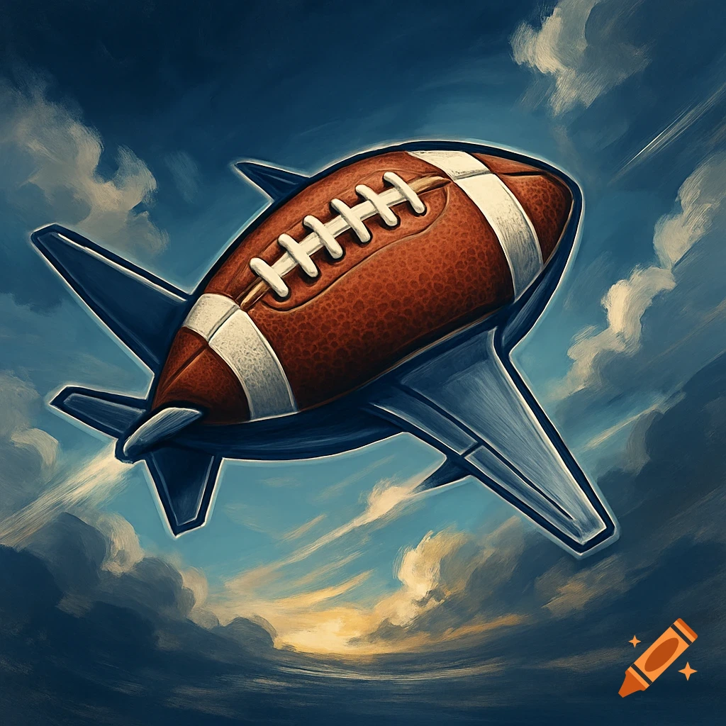 A stylized football shaped like a plane soars through a cloudy blue sky with a hint of sunset on the horizon, in a painterly style.