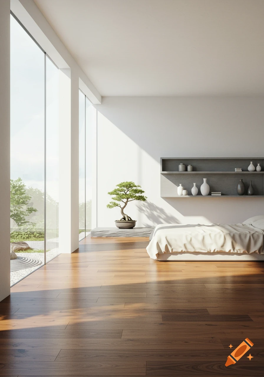 A modern, minimalist bedroom with a large window, hardwood floor, and a bonsai tree. Sunlight streams across the room.