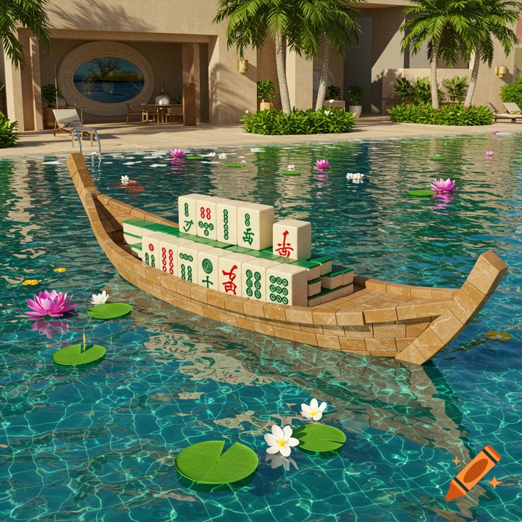 A wooden boat filled with mahjong tiles floats in a shimmering swimming pool surrounded by water lilies and palm trees.