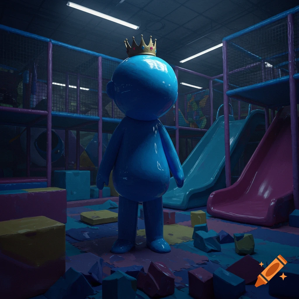 A shiny blue, blob-like mascot wearing a gold crown stands in a dimly lit, eerie indoor playground with colorful slides.