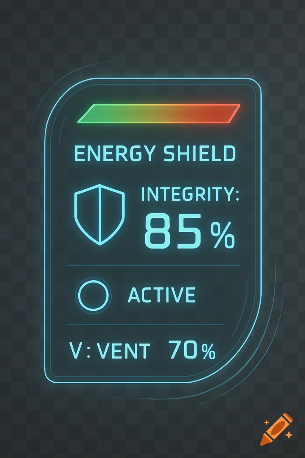 A glowing blue and green futuristic energy shield UI widget with text for 'Energy Shield', 'Integrity: 85%', 'Active', and 'V: Vent 70%', against a transparent grid background.