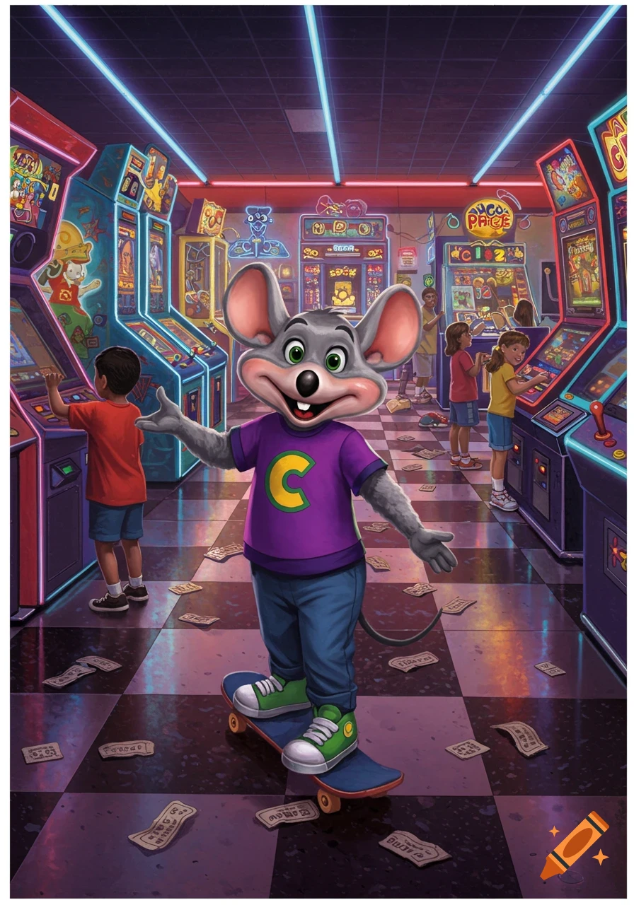 Chuck E. Cheese on a skateboard in a neon-lit arcade with children playing games and money scattered on the checkered floor.