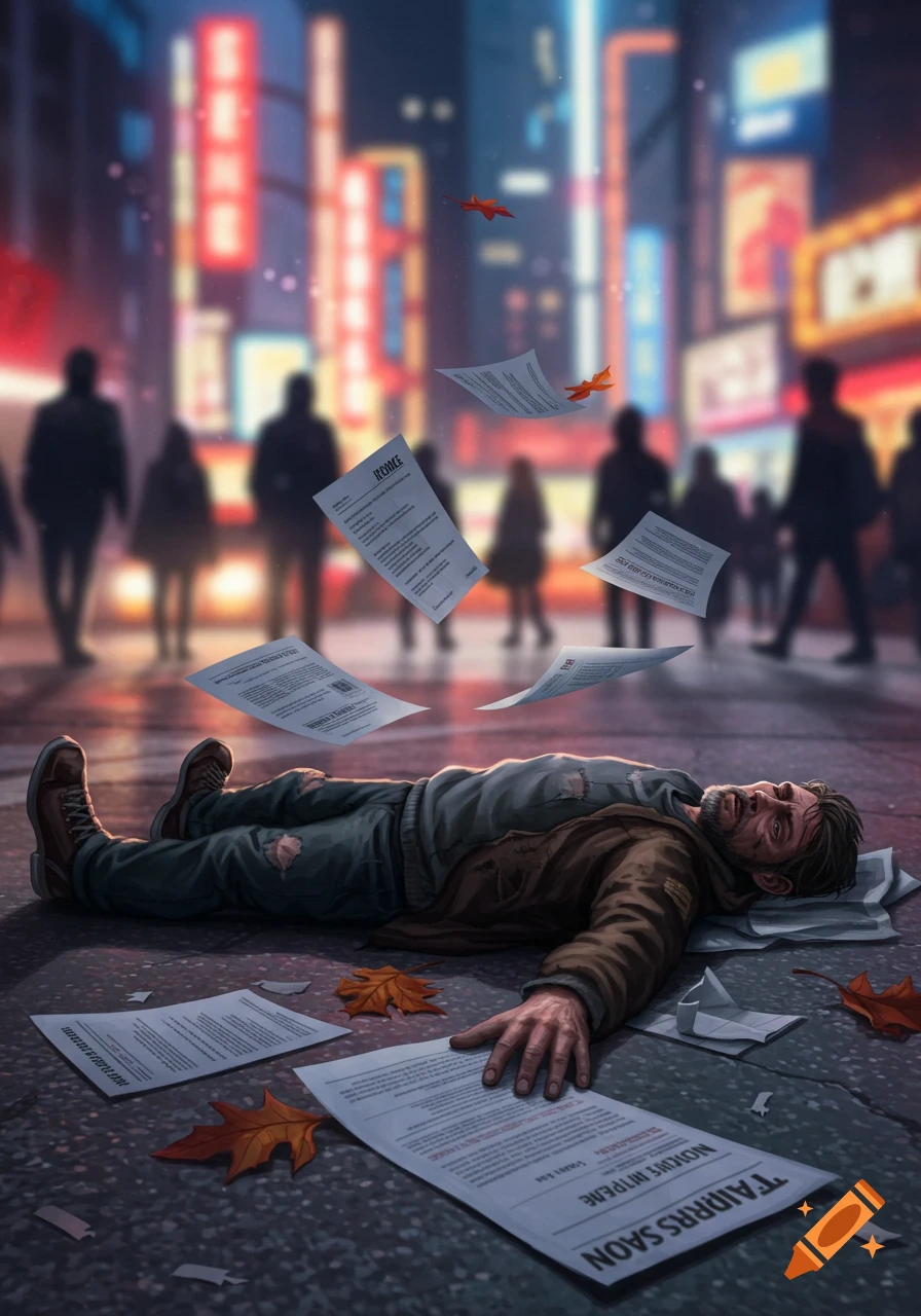 A man in ragged clothes lies on a city street at night, with resumes and autumn leaves falling around him. Blurred city lights in the background.
