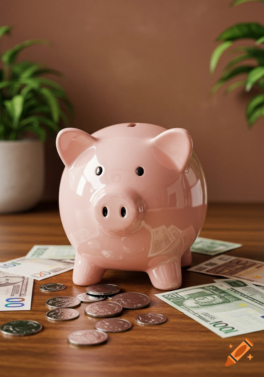 A pink ceramic piggy bank sits on a wooden table surrounded by scattered banknotes and silver coins, with blurred plants in the background.