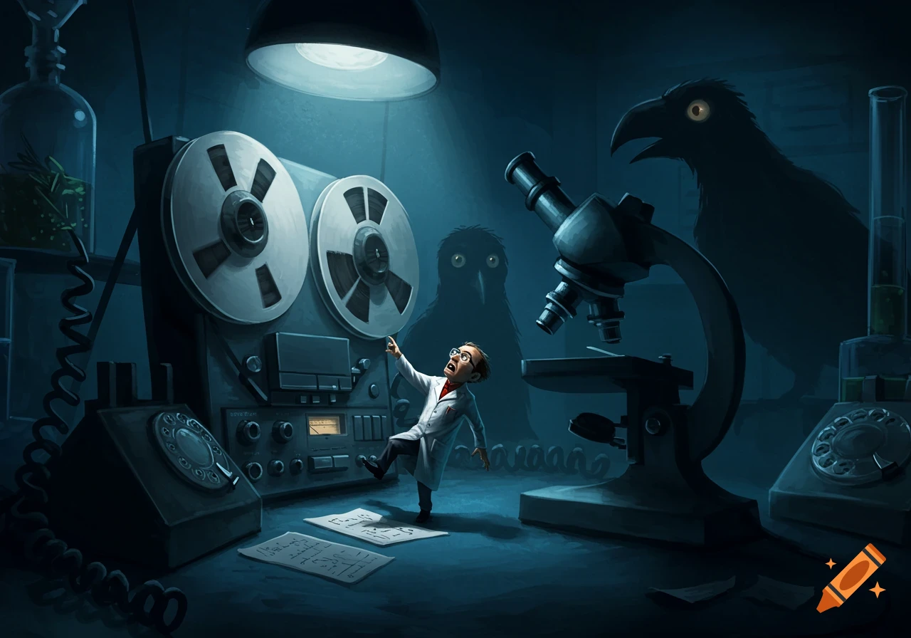 A tiny scientist in a lab coat looks up fearfully at giant shadowy birds in a dark, stylized laboratory with oversized equipment like a reel-to-reel recorder and microscope.
