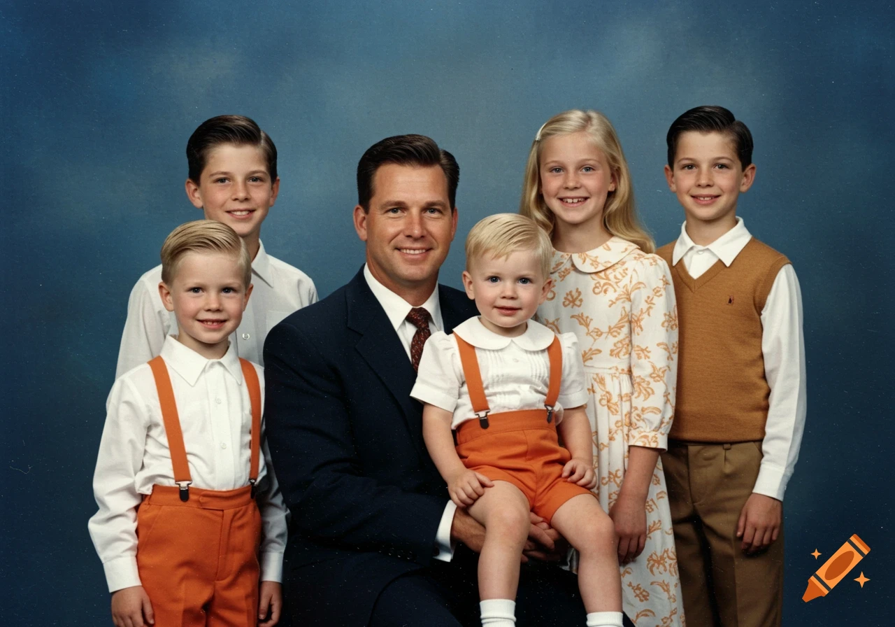 A smiling family of five, including a man, a girl, and three boys, posed for a 1990s-style portrait against a blue background.