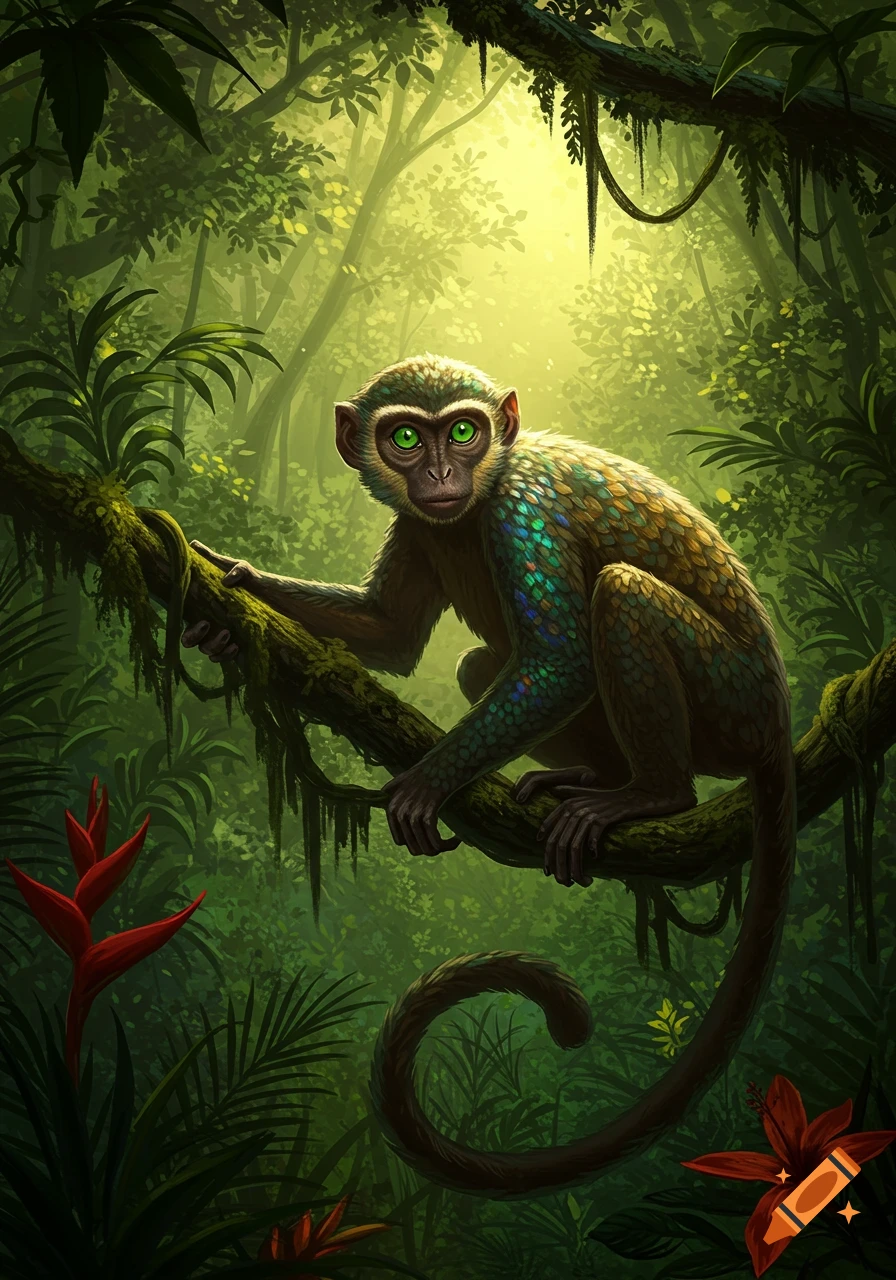 A fantastical monkey with bright green eyes and iridescent scales sits on a mossy branch in a vibrant, sunlit jungle.