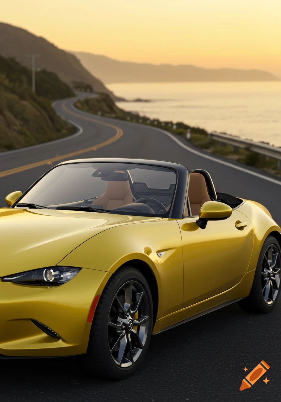 A yellow Mazda Miata convertible with a tan interior drives on a winding coastal road at sunset.