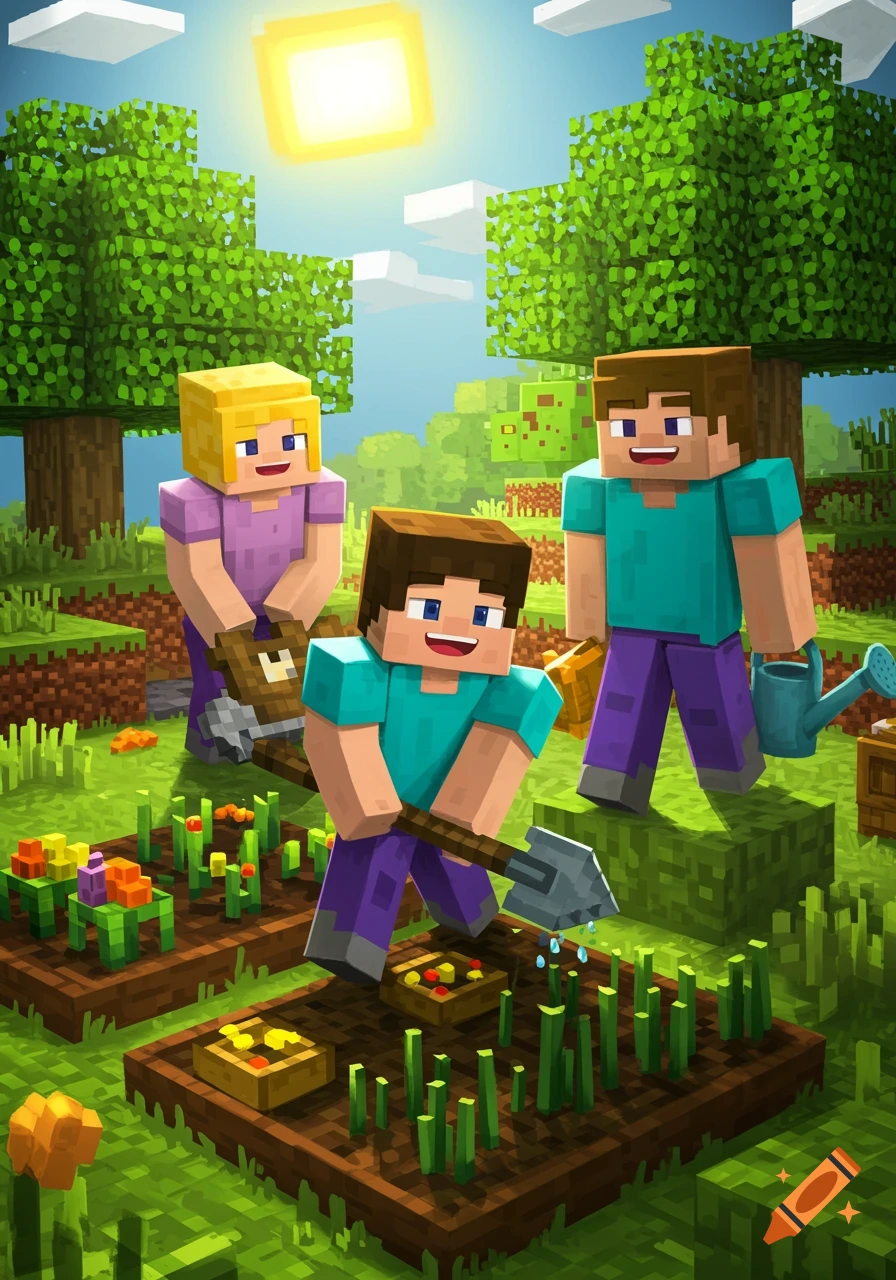 Three blocky Minecraft characters, a boy, a woman, and a man, happily farm in a lush green field under a blocky sun.