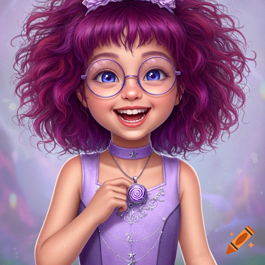 Smiling girl with purple curly hair, round glasses, and blue eyes, wearing a purple costume and holding a spiral pendant.