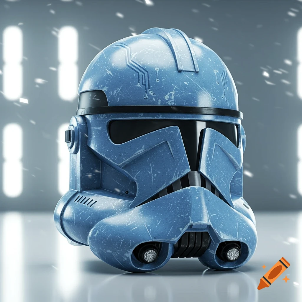 A detailed blue and silver clone trooper helmet with scuffed texture and circuit patterns, set against a blurred white and grey background.