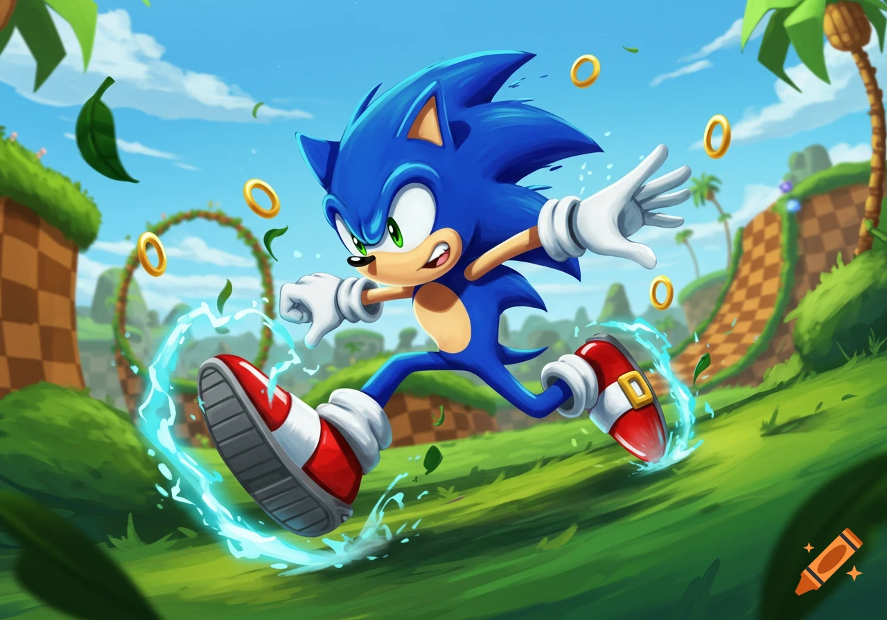 Sonic the Hedgehog runs through a vibrant Green Hill Zone, kicking up water, with golden rings floating around him in a cartoon style.