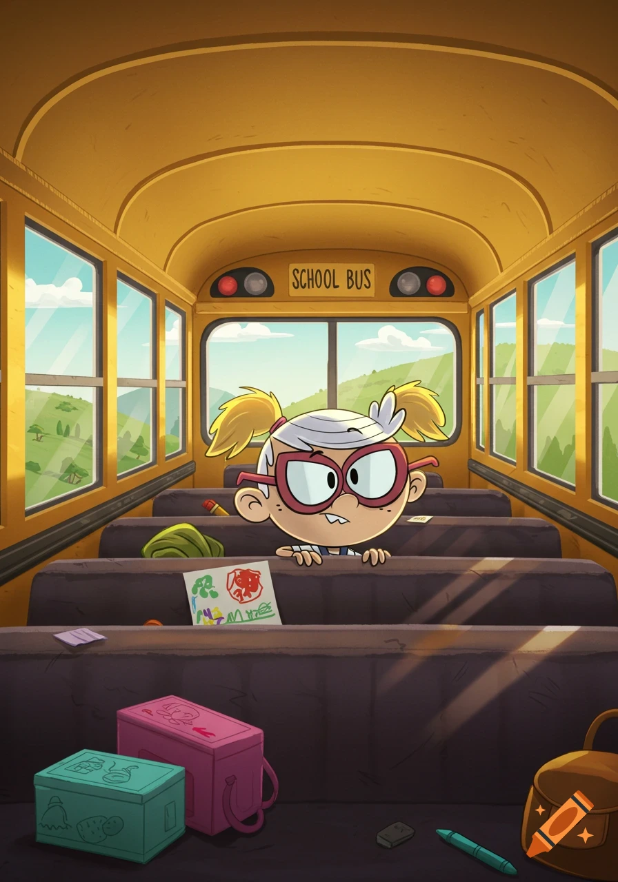 Cartoon character Lana Loud peeking over a seat inside a yellow school bus, with a bright landscape outside the windows.