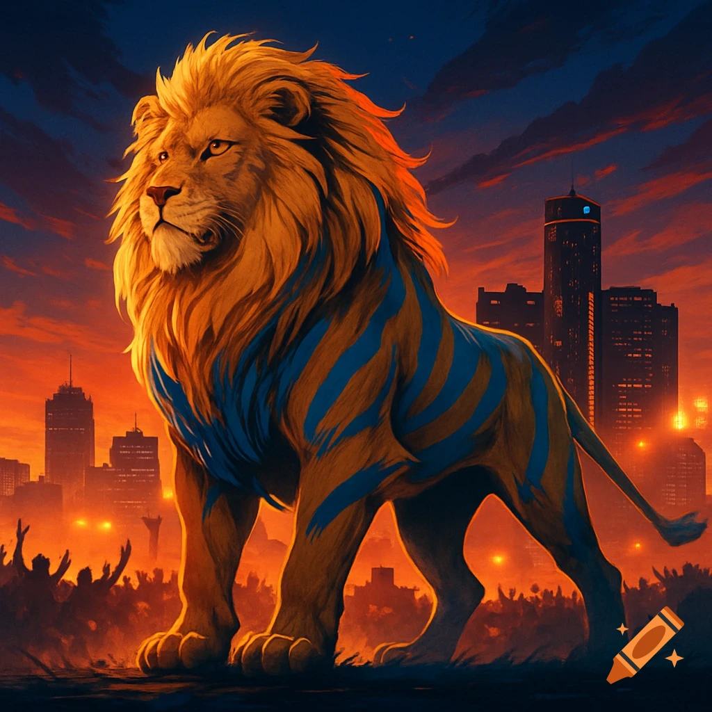 Majestic lion with blue stripes and golden mane, standing over a crowd against a vibrant sunset cityscape.