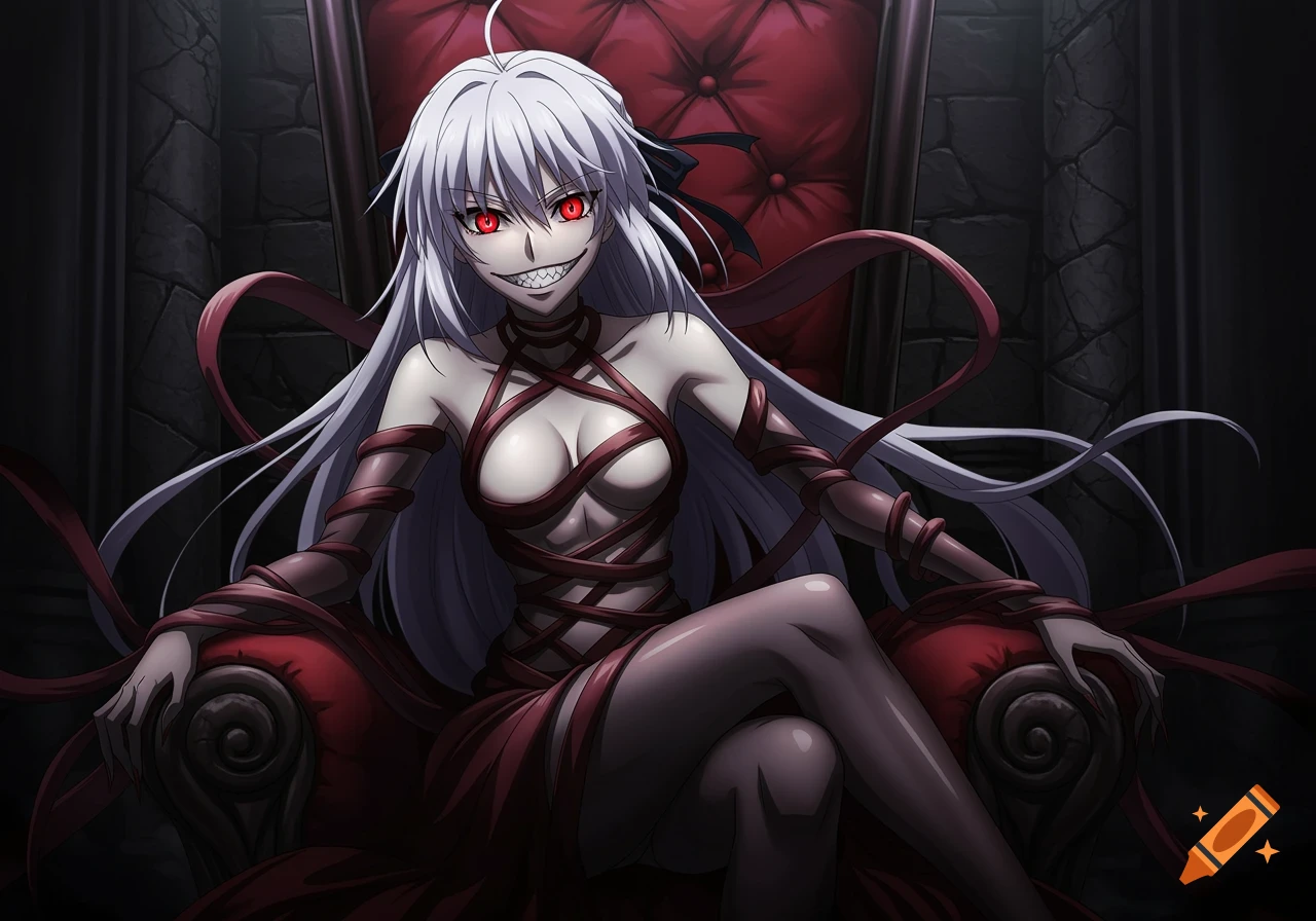 Anime-style character with white hair, red eyes, and a manic grin, dressed in red ribbons, sitting on a gothic throne in a dark chamber.