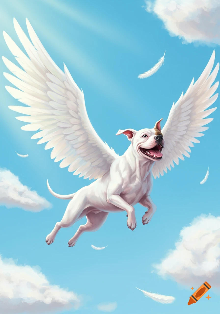 A happy white American bulldog with large feathered wings flies joyfully through a bright blue sky with scattered clouds in a cartoon style.