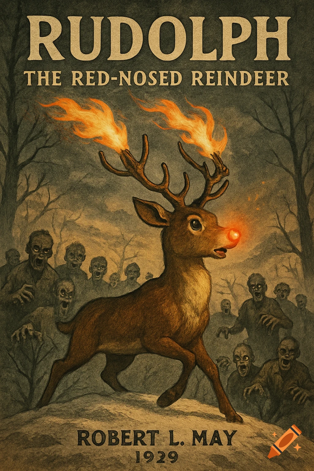 An illustration in the style of a vintage book cover, showing Rudolph with flaming antlers and a glowing red nose, running from a horde of zombies in a dark forest.