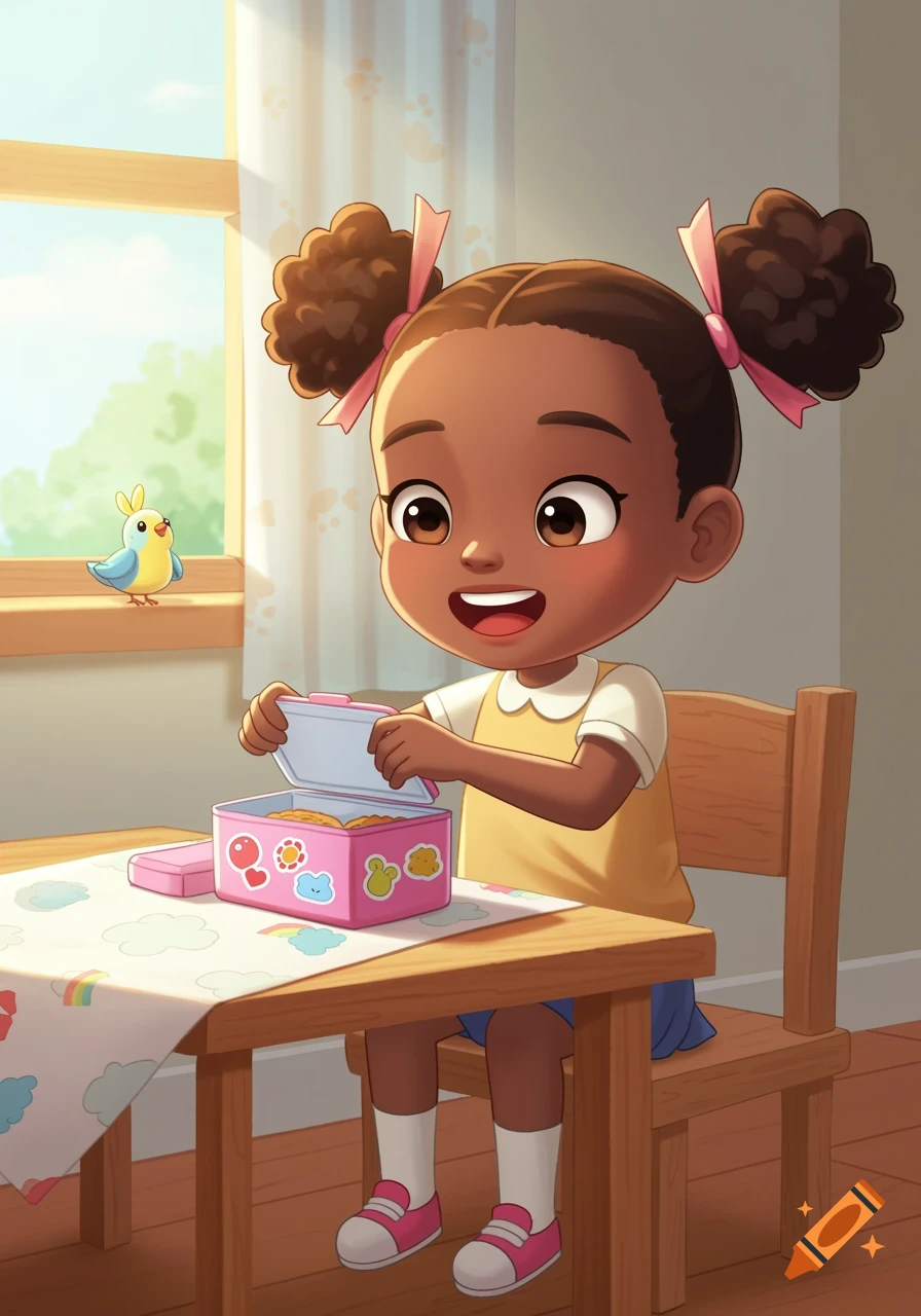 A smiling cartoon animated black girl with pigtails opens a pink lunchbox at a wooden table, a small bird on the windowsill.