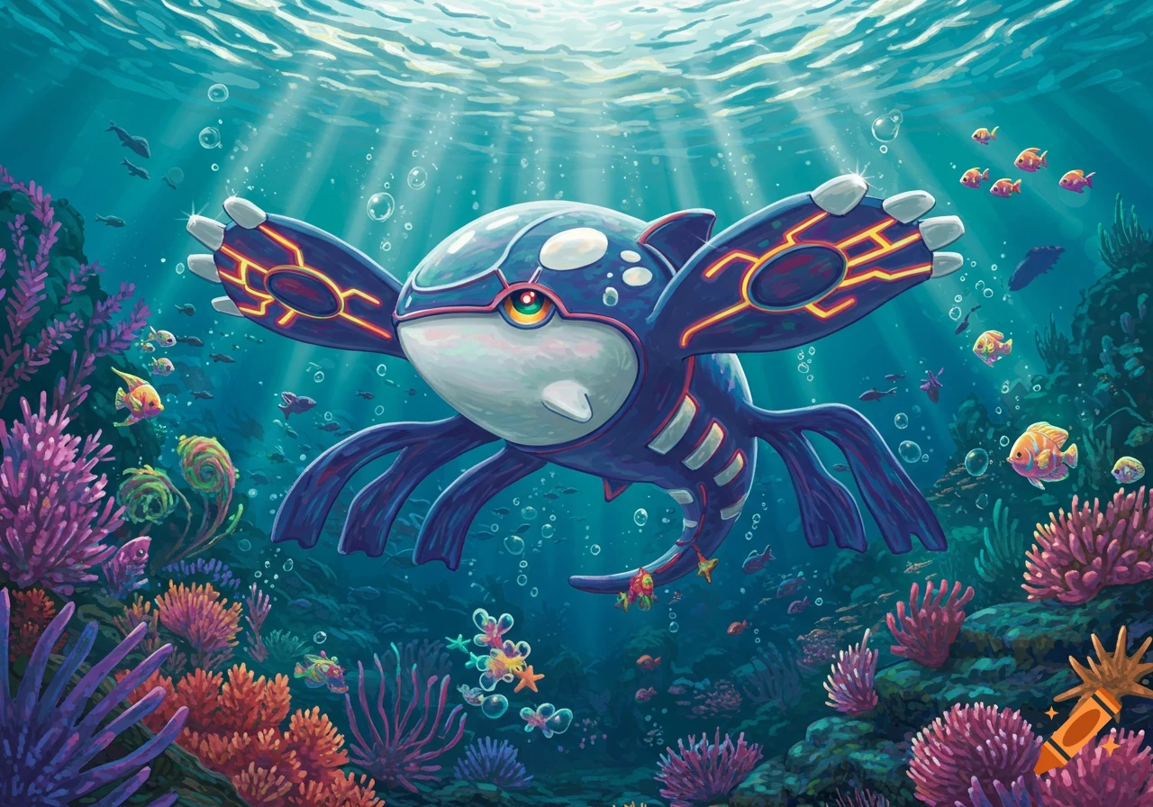 The Pokémon Kyogre swims above a vibrant coral reef, with sunlight rays piercing the teal water and small colorful fish around it.