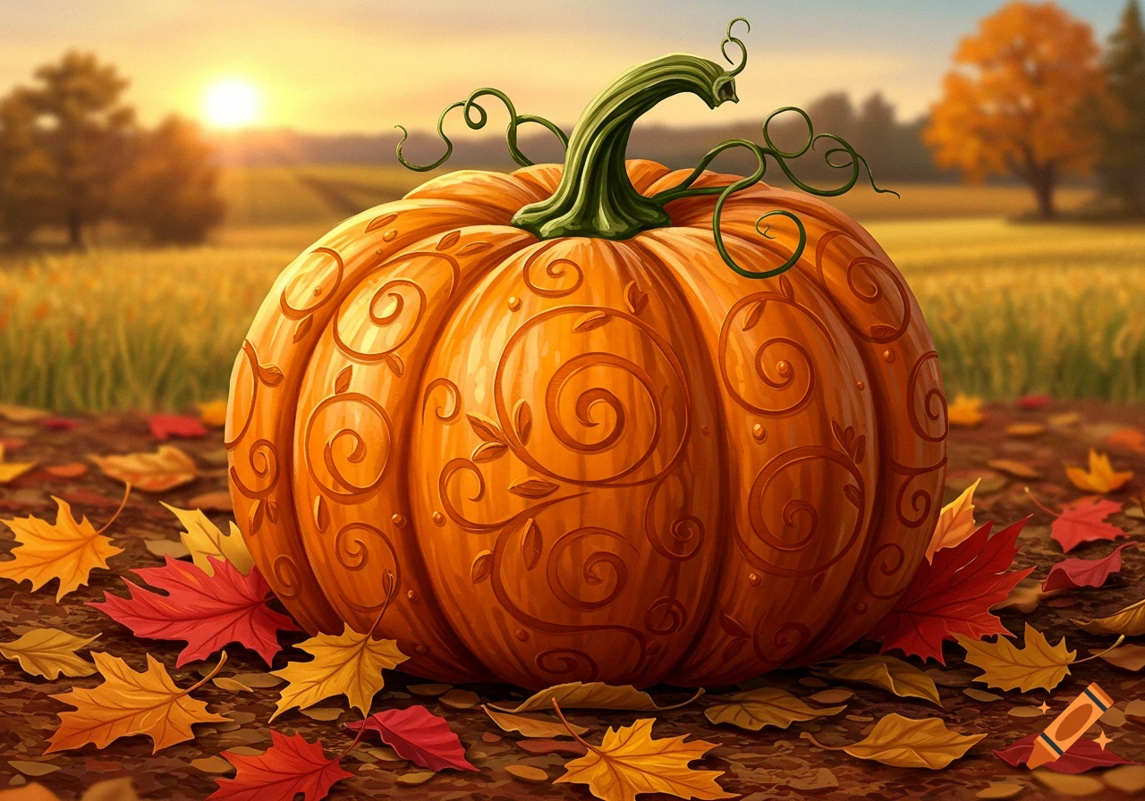Ornate pumpkin with swirling patterns and vines on fallen autumn leaves in a field at sunset, painterly style.