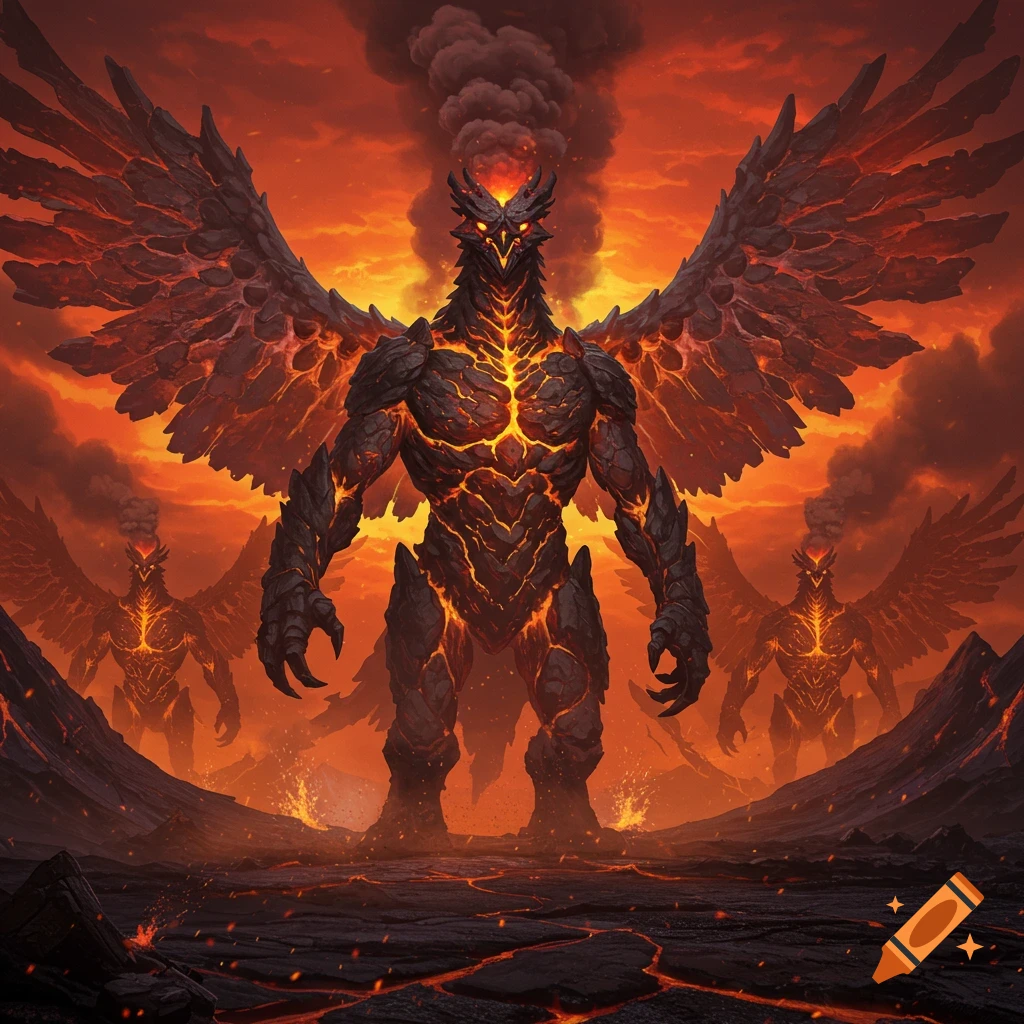 Giant winged lava-rock monsters stand in a fiery volcanic landscape under a smoke-filled, orange sky.