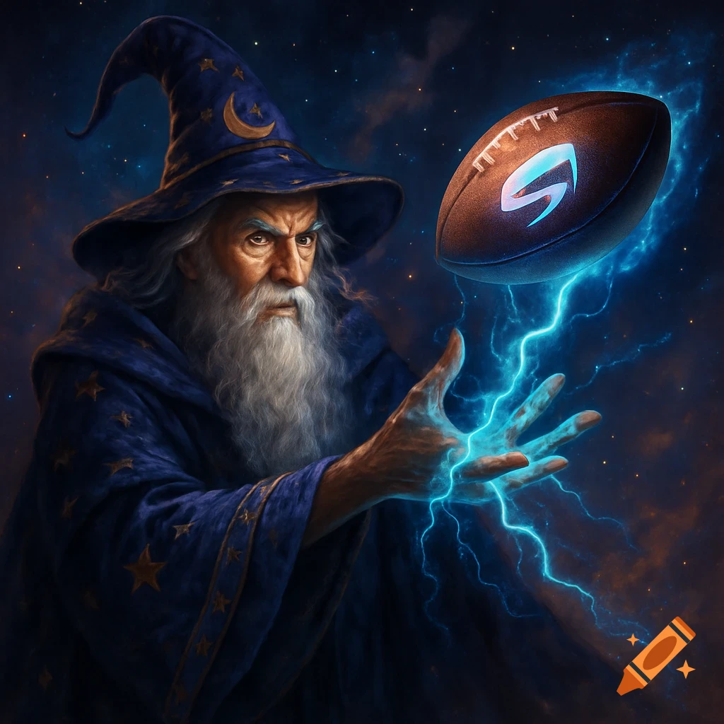 A wizard in a blue robe with a pointed hat casts a spell, levitating an American football with glowing blue lightning in a starry night sky. Digital art.