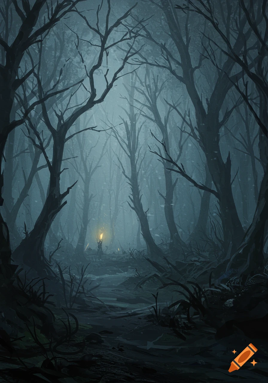 Digital painting of a dark, foggy forest with twisting bare trees and a faint glowing light in the distance, creating an eerie atmosphere.