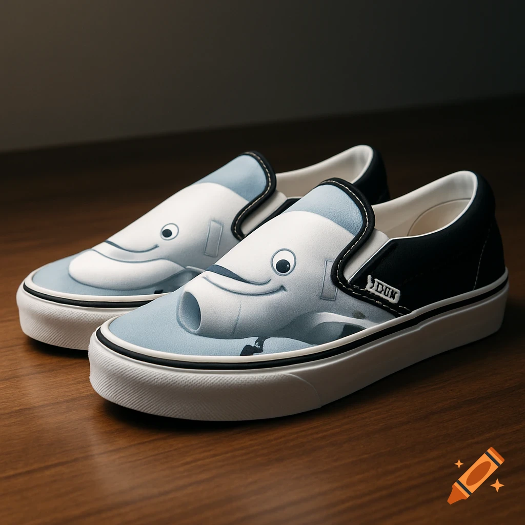 A pair of white and light blue slip-on shoes featuring a cartoon beluga whale face design, resting on a wooden surface.