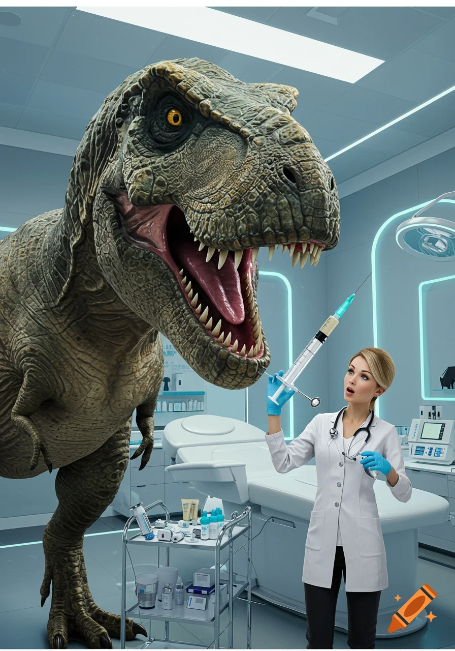 Photorealistic image of a female doctor in a medical spa holding a giant syringe, looking surprised at a towering Tyrannosaurus Rex.