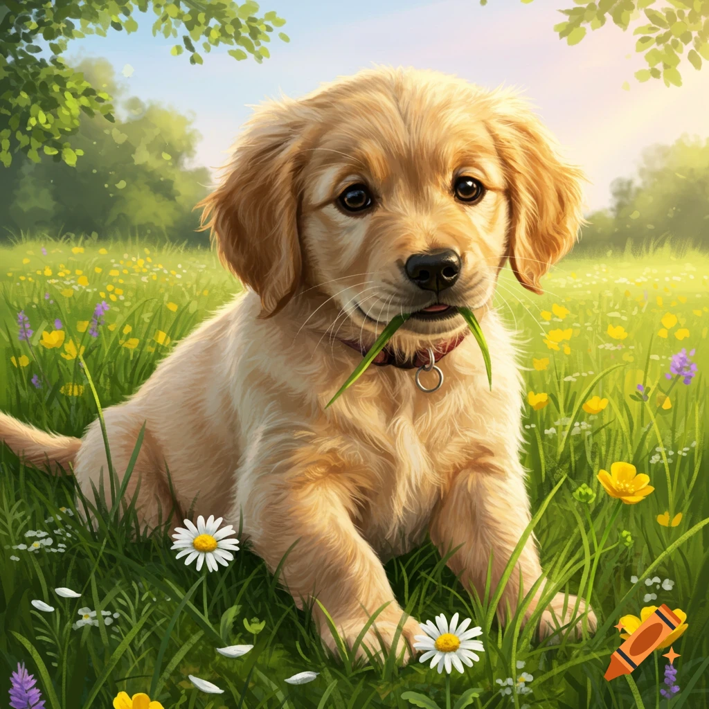 A cute golden retriever puppy sits in a vibrant field of green grass and wildflowers, holding a blade of grass in its mouth.