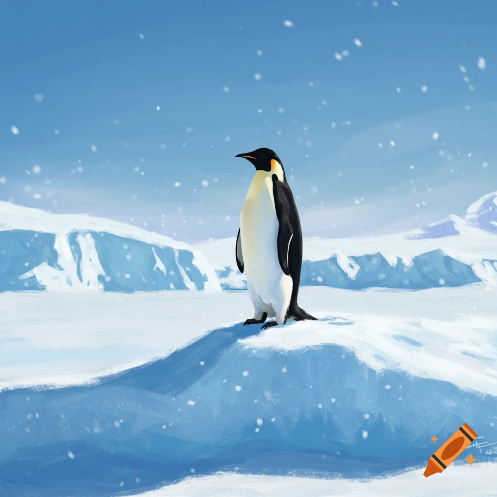 An emperor penguin stands on a snowy mound in a blue arctic landscape with icebergs and falling snow, in a digital painting style.