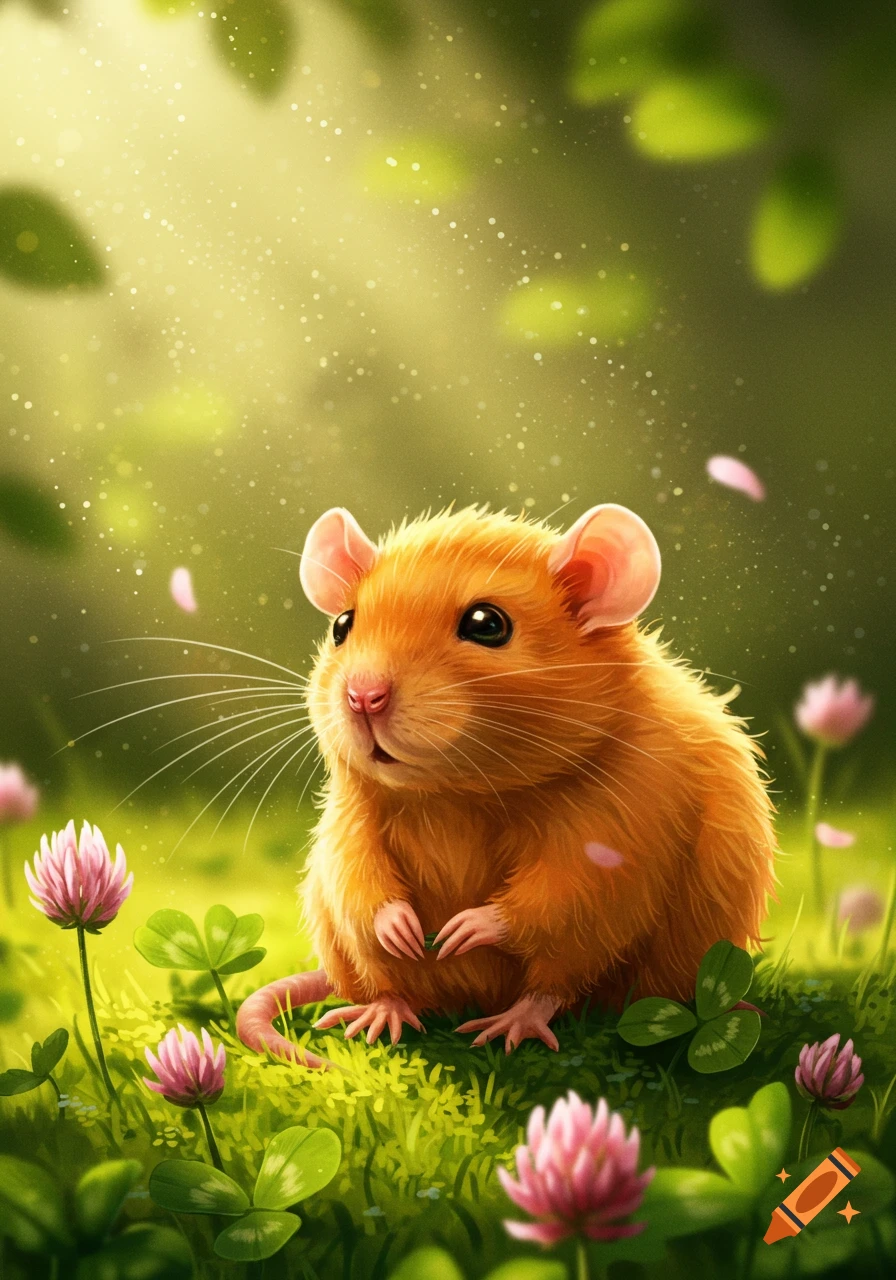 A cute orange rat with big black eyes sits in a field of green clover and pink flowers, bathed in soft sunlight.