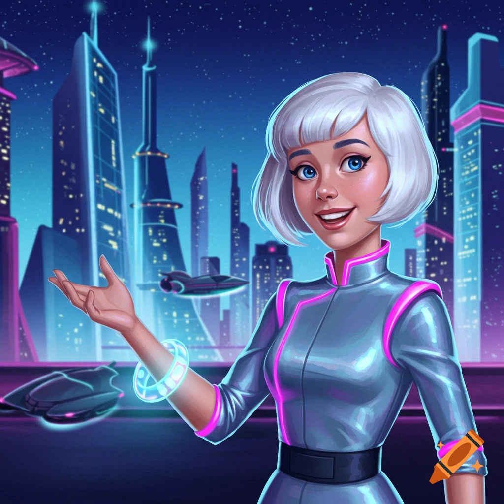 A smiling woman in a futuristic outfit gestures in a vibrant sci-fi city with neon lights and flying cars, illustrated.