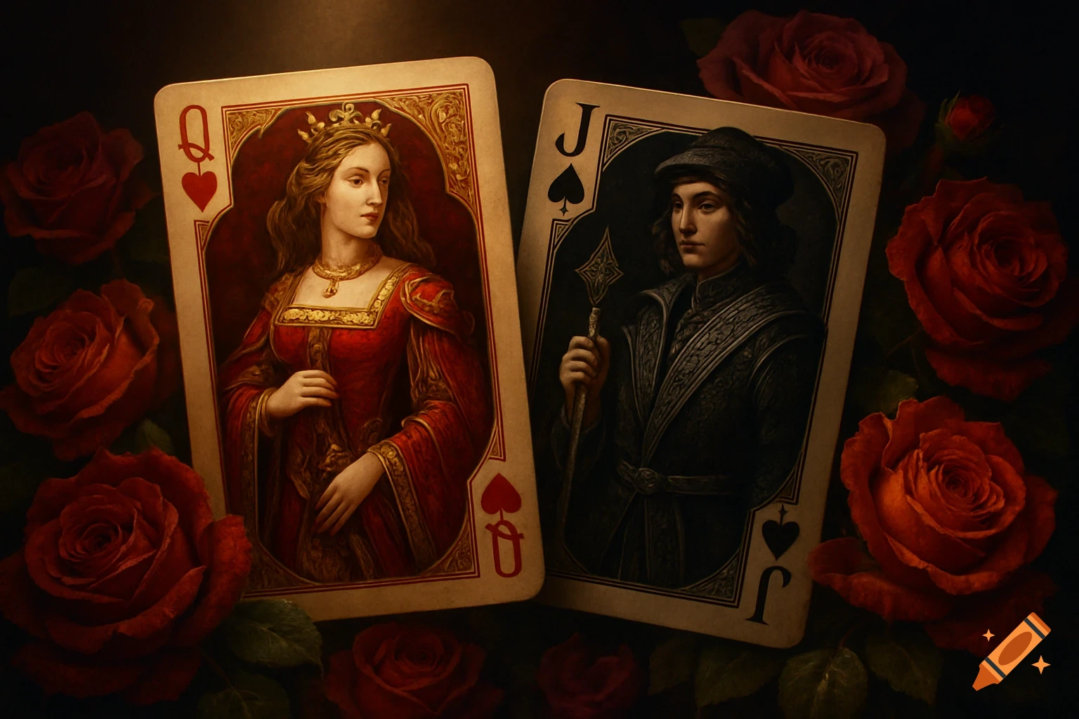 Two ornate playing cards, Queen of Hearts and Jack of Spades, surrounded by red roses on a dark background.