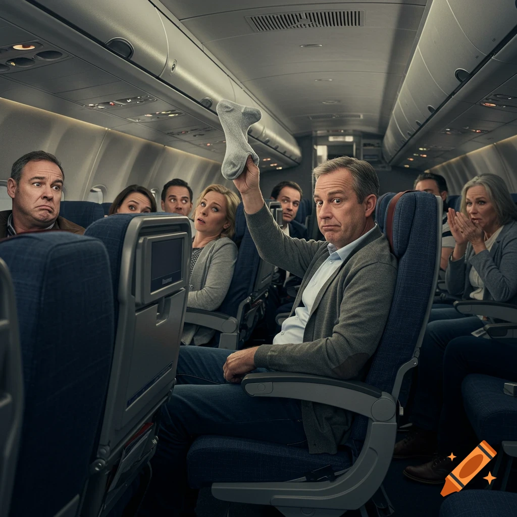 A middle-aged man on an airplane holds up a gray sock and fans it, while surrounding passengers look on with disgusted expressions.