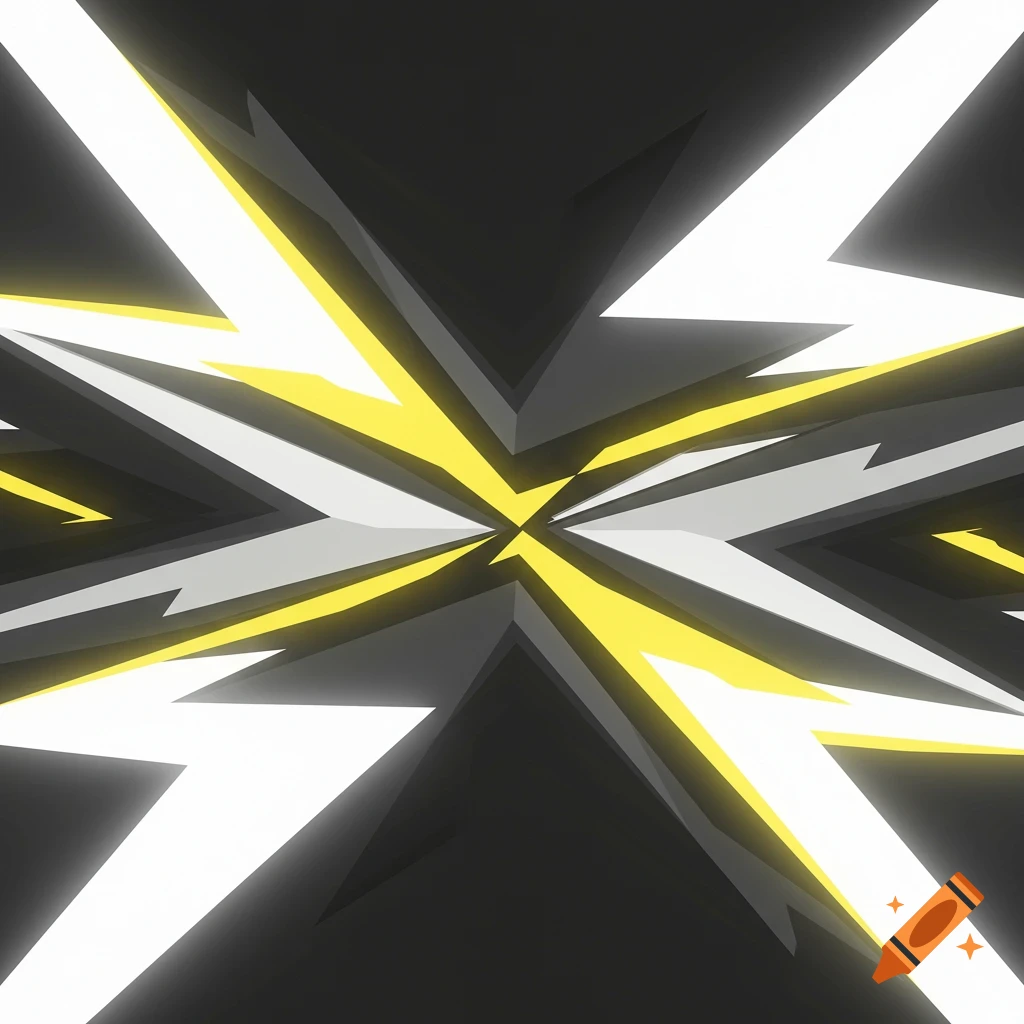 Symmetrical abstract geometric design in black, white, and yellow, with sharp, angular bolt-like shapes radiating from the center.