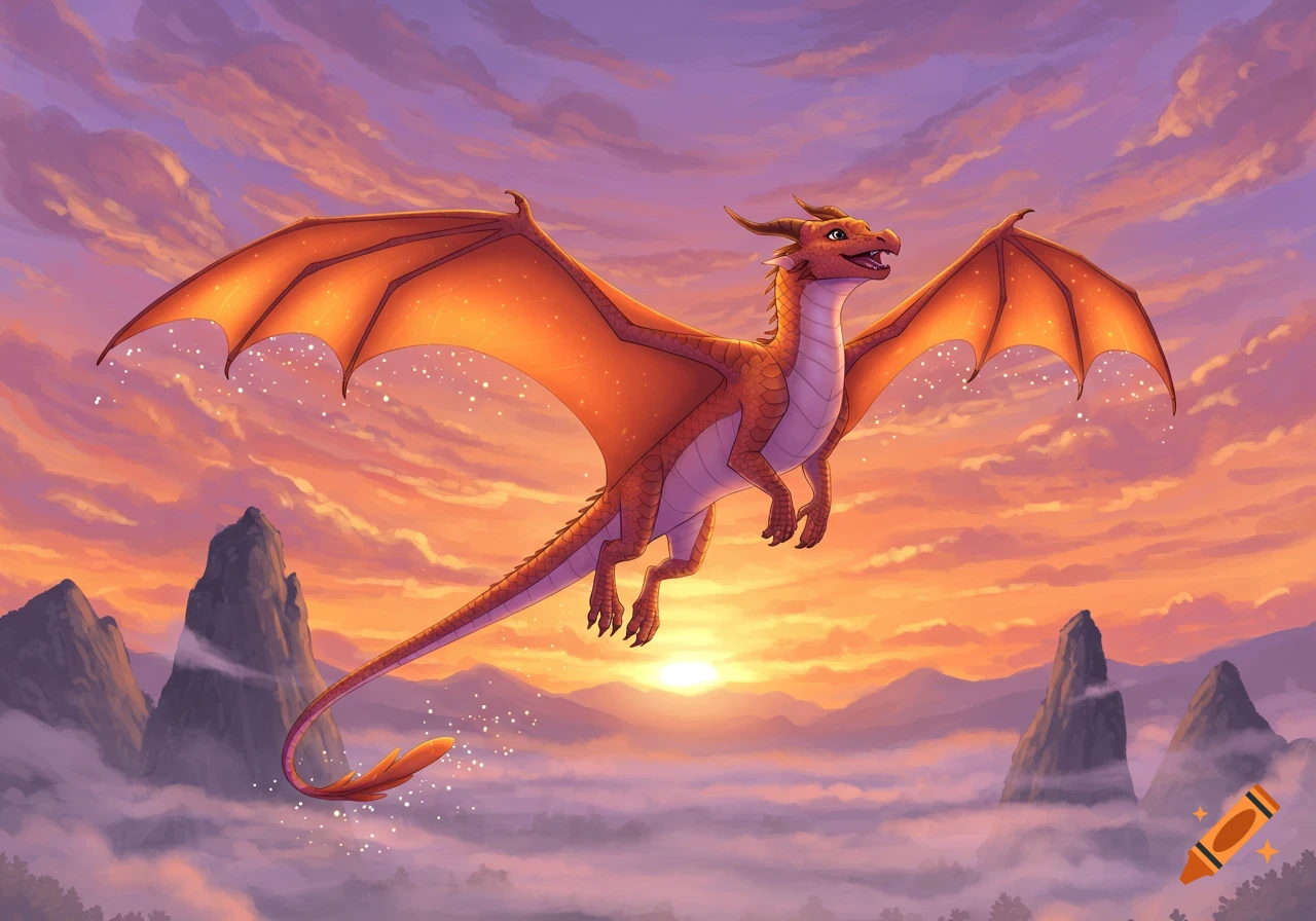 A cartoon orange dragon with large wings flies happily over a purple and orange mountain landscape at sunset.
