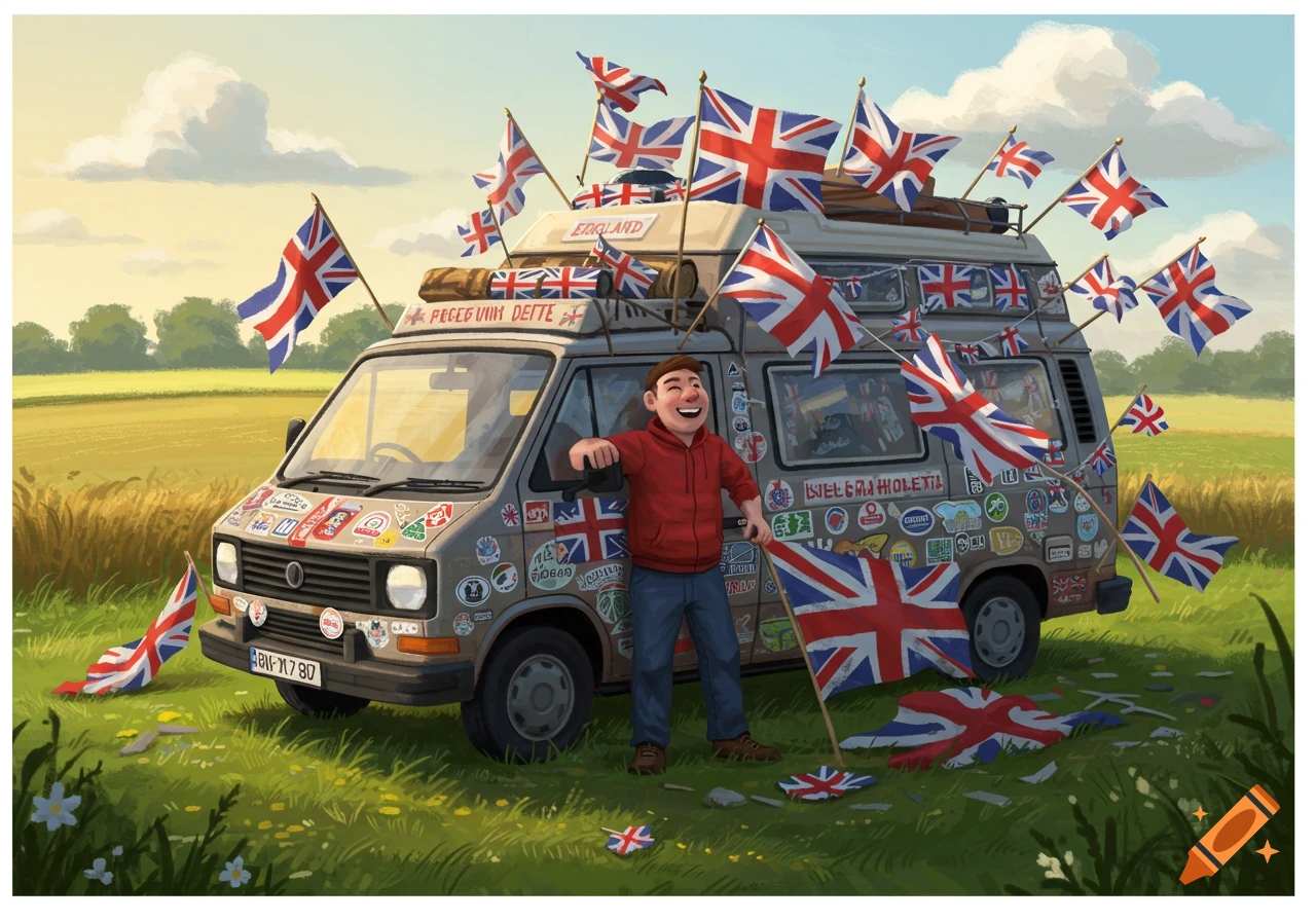 An illustration of a smiling man in a red hoodie standing next to a grey van covered in Union Jack flags and stickers, parked in a grassy field.