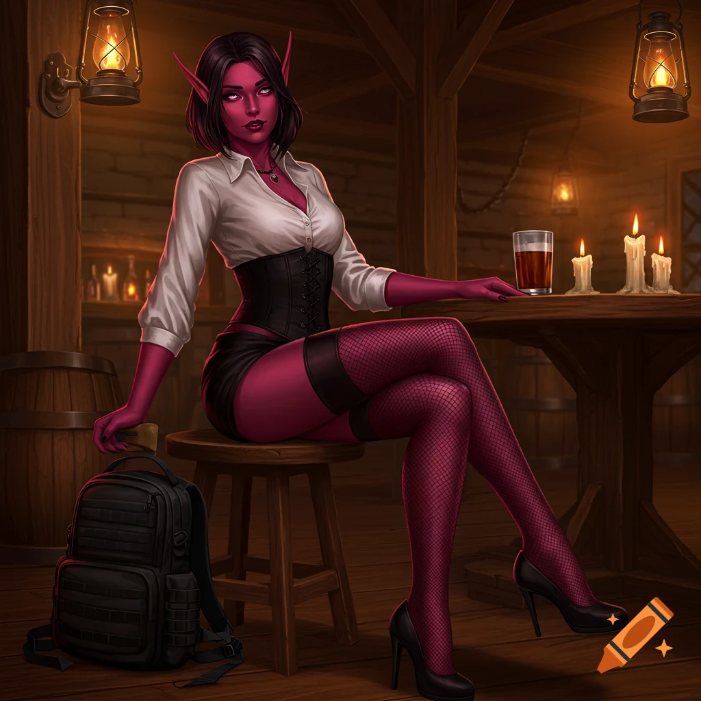 A dark red-pink skinned female elf with pink eyes and dark hair sits at a tavern table, wearing a white blouse, black corset, mini skirt, fishnet stockings, and heels. A tactical backpack rests beside her.