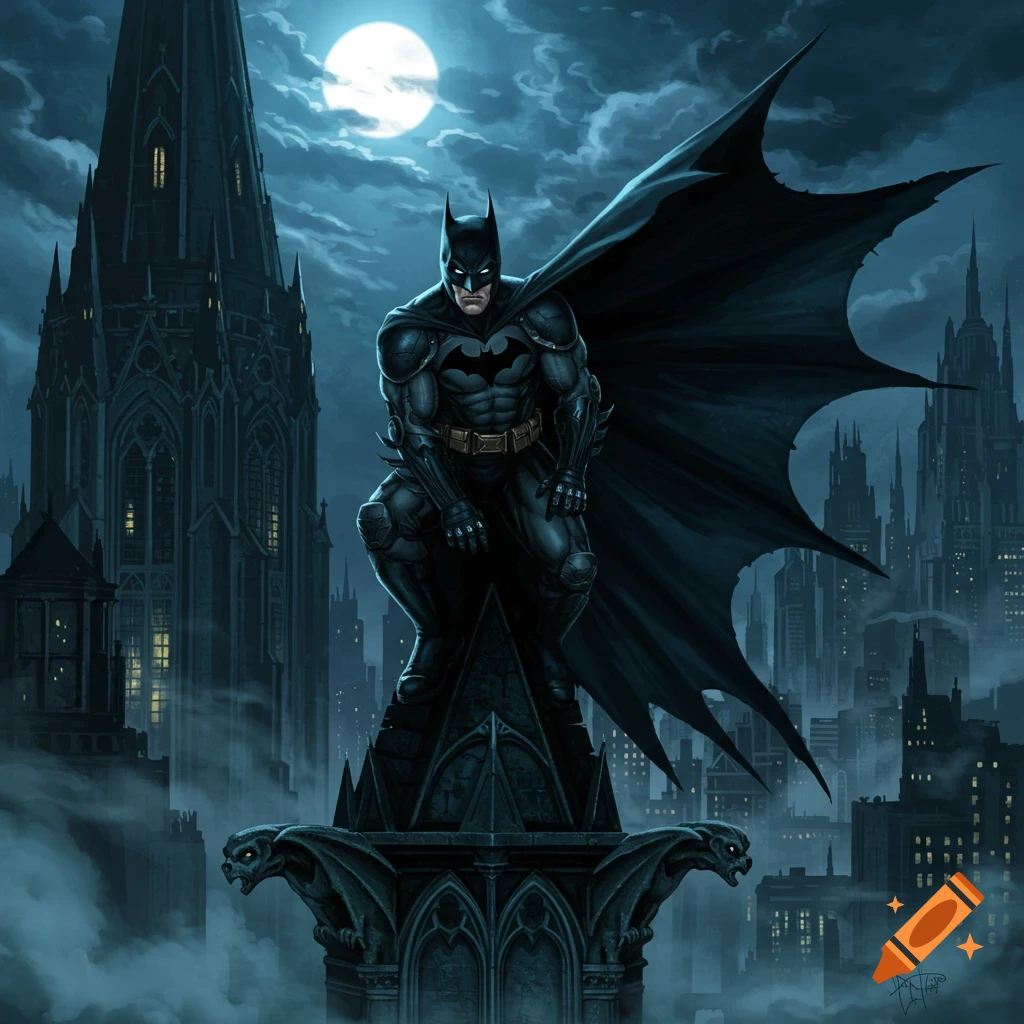 Batman crouches on a gothic gargoyle overlooking a dark, moonlit city with a tall spire. Stylized comic art.