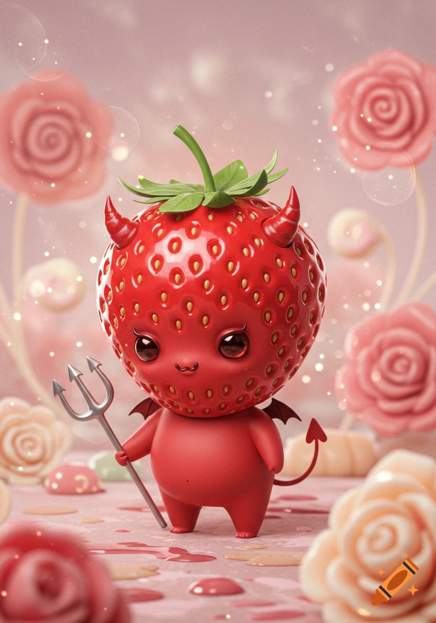 A cute, cartoonish strawberry devil with horns, small wings, and a pitchfork stands among pink roses.