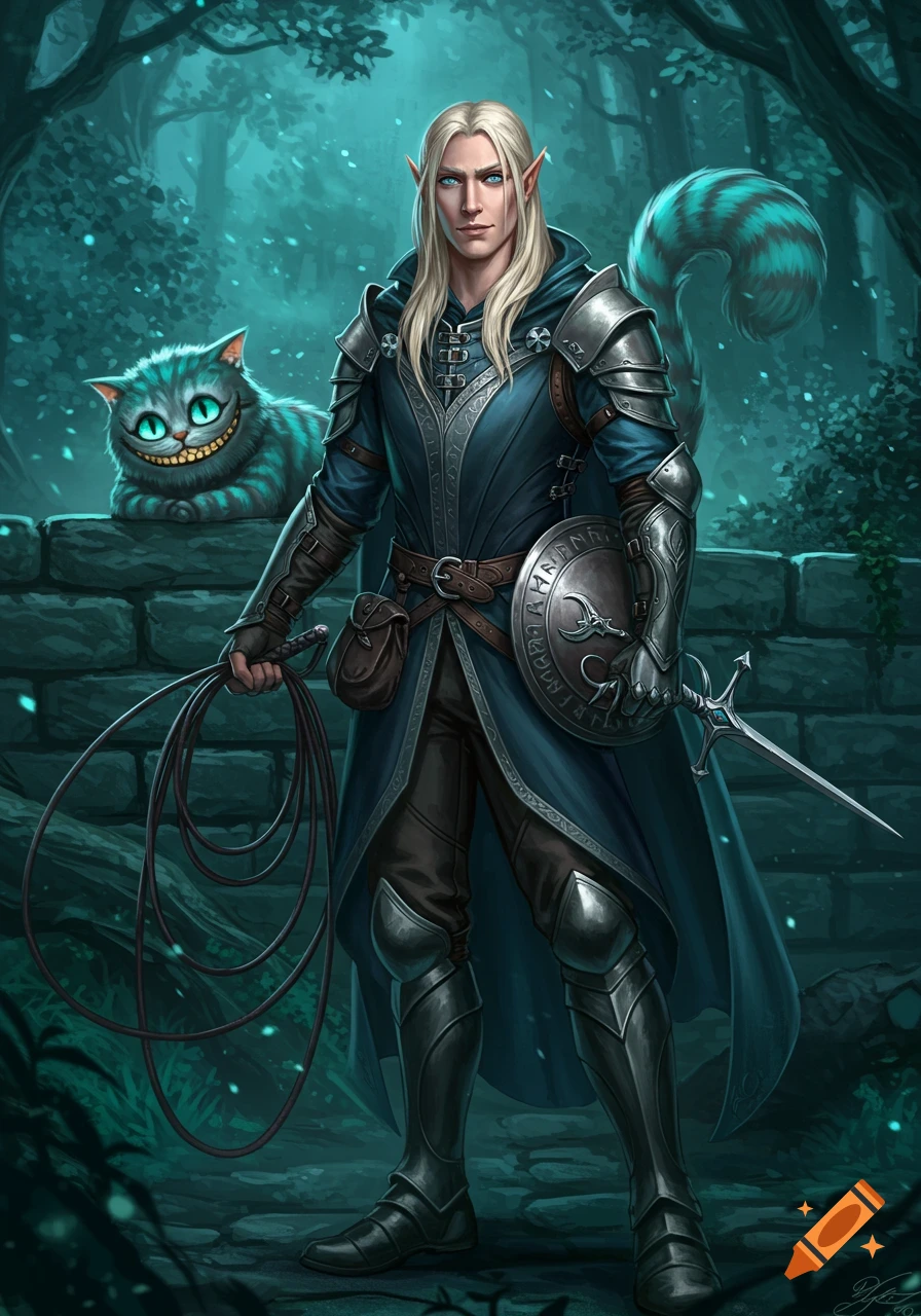 A blonde male high elf rogue in blue armor with a whip and buckler, standing in a dark forest with a smiling Cheshire Cat behind him.