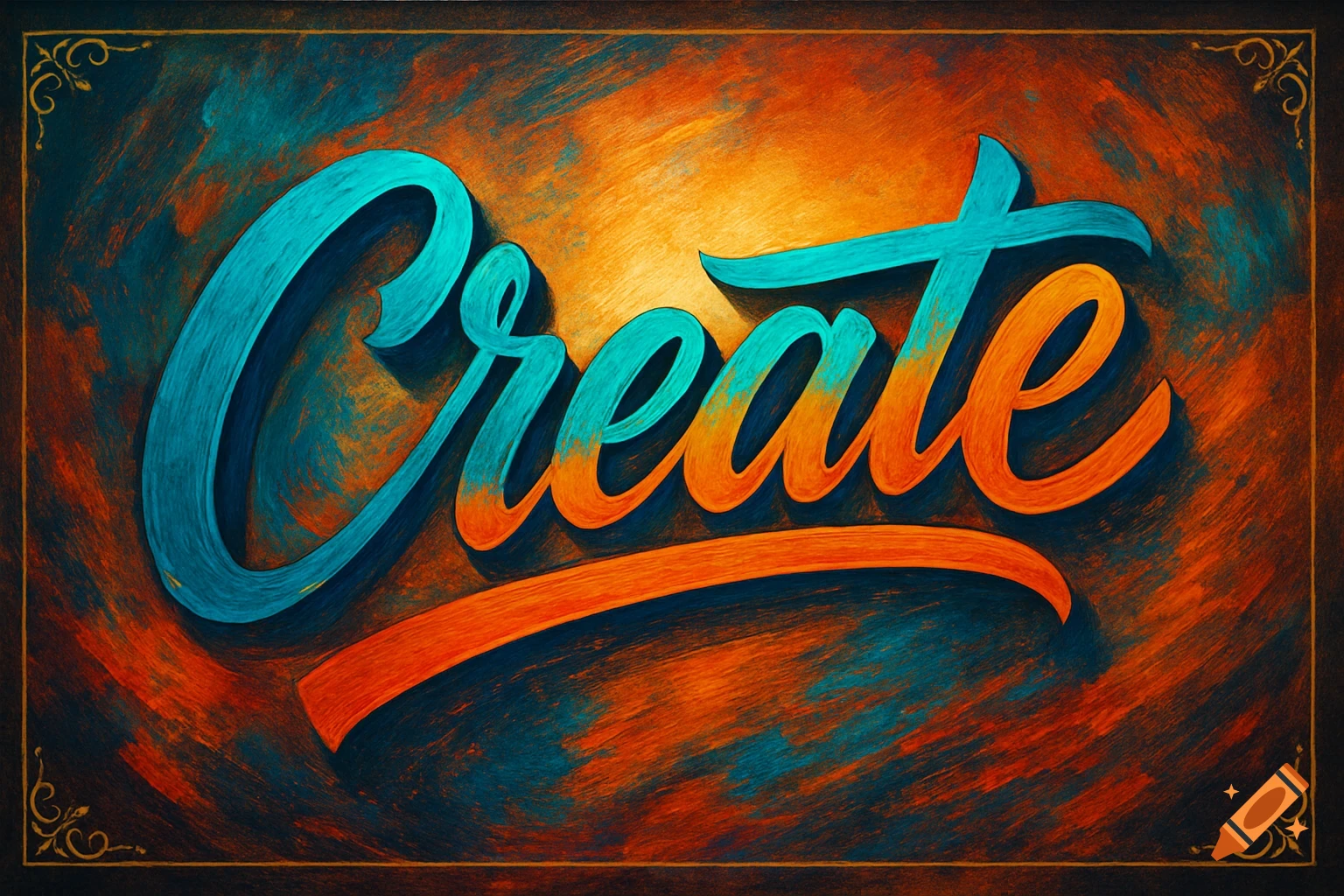 Stylized lettering of the word 'Create' in vibrant blue and orange, on a distressed, painterly background with a subtle decorative border.