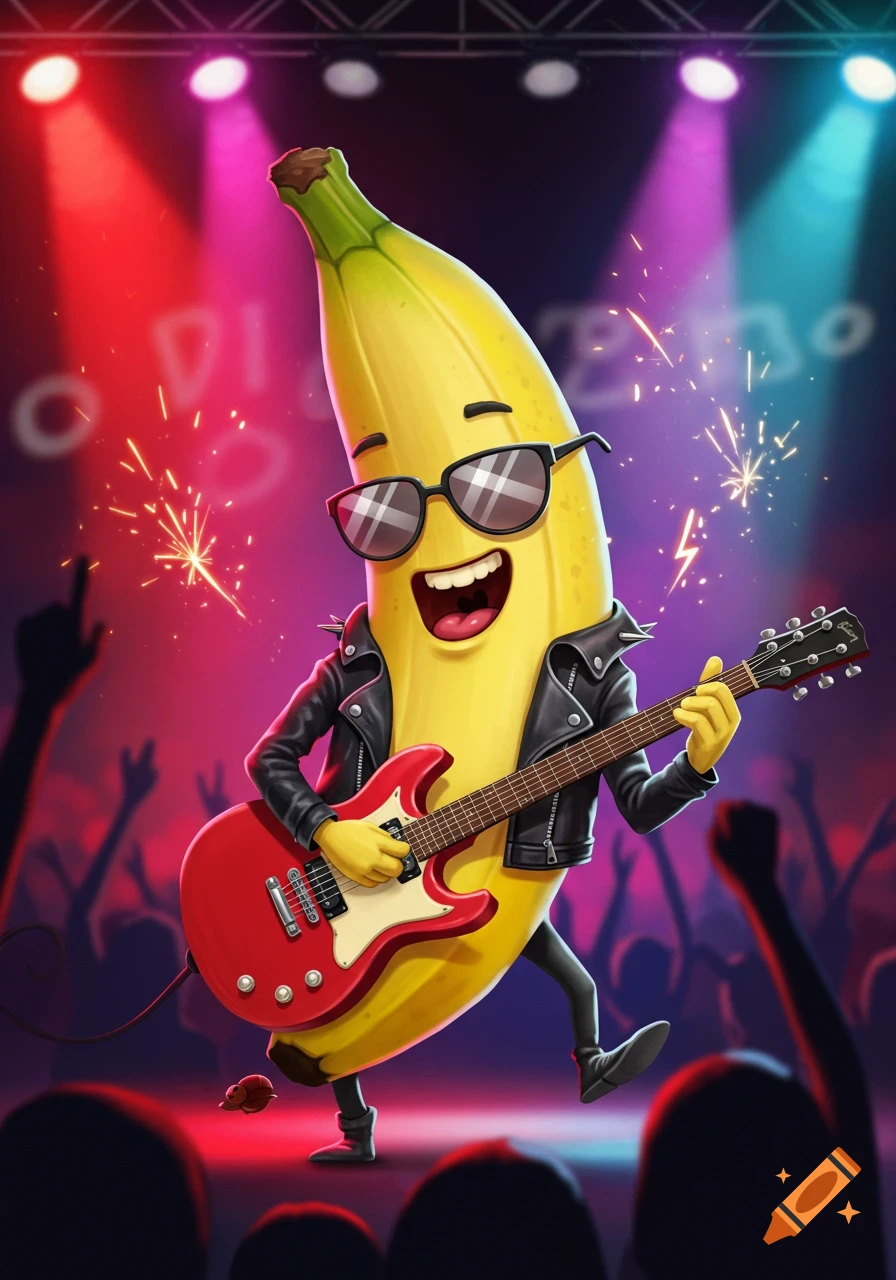 A cool cartoon banana in sunglasses and a leather jacket rocks out on a red electric guitar on stage with spotlights and a crowd.